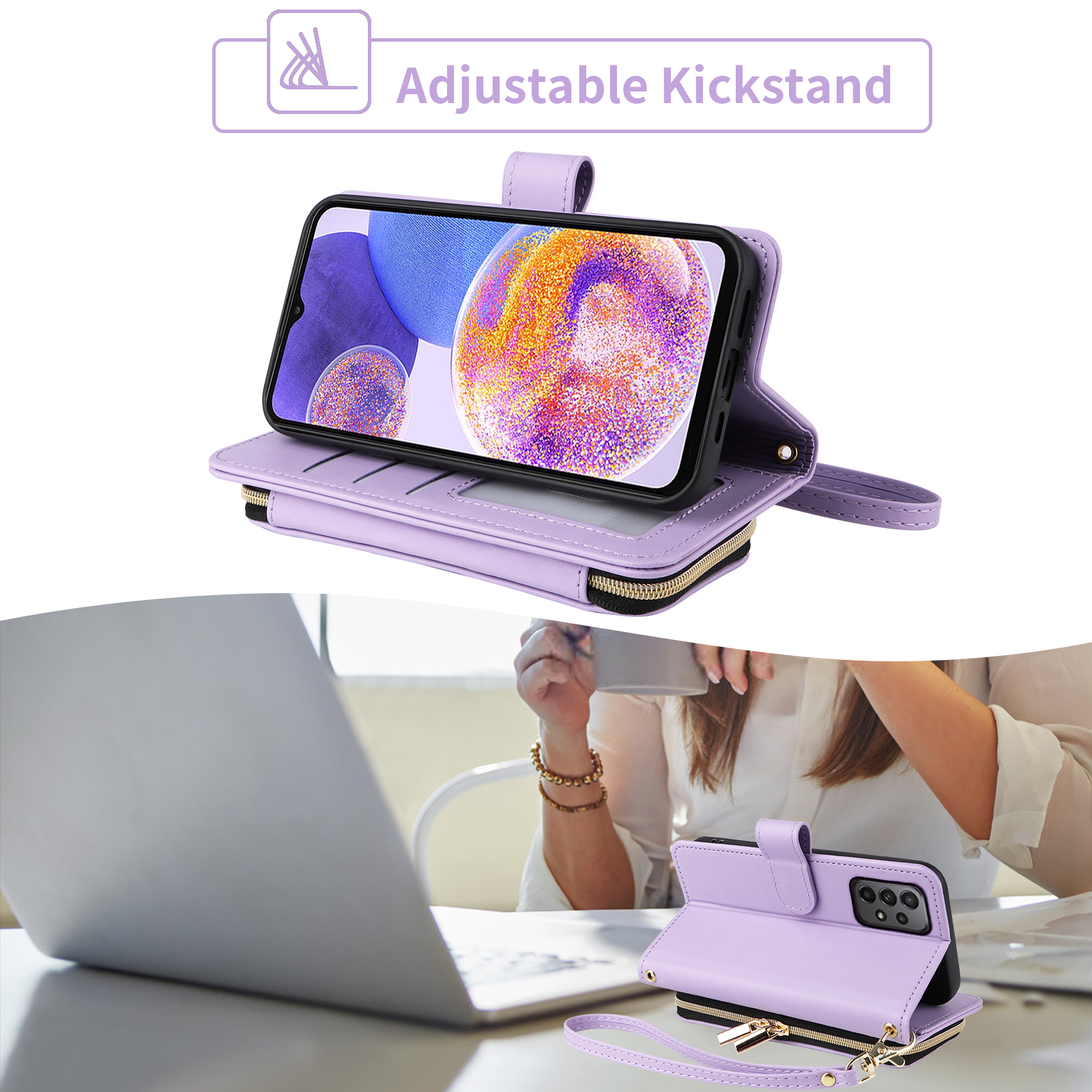 Furiet Argyle Wallet Case for Samsung Galaxy A23 5G/4G with Detachable Wrist/Crossbody Shoulder Strap, Card Slots Zipper Purse, Luxury PU Leather Stand Phone Cover for A 23 23A 6.6 Women Girls Purple