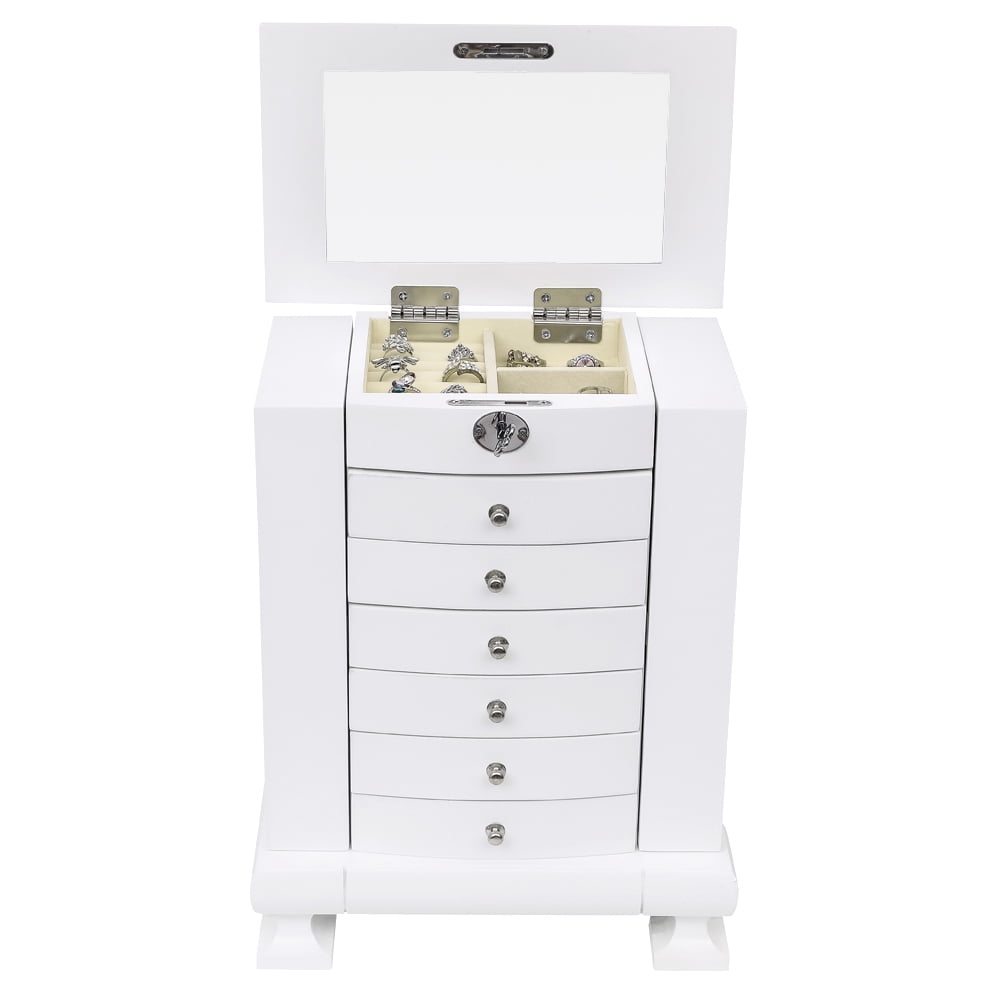 Kepooman 7 Layers Wooden Jewelry Box Case with Lock, Women' s Jewelry Display Storage Case Holder for Necklaces Rings Earrings Watches, White Kepooman 7 Layers Wooden Jewelry Box Case with Lock, Women' s Jewelry Display Storage Case Holder for Necklaces Rings Earrings Watches, White