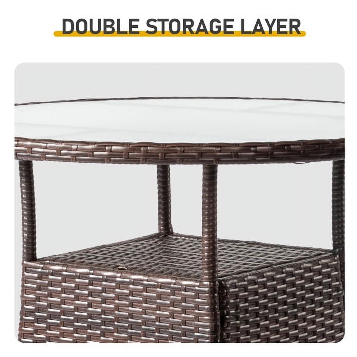 31.5" Patio Table for 4-Person, Outdoor Patio Wicker Round Dining Table, All-Weather Rattan Bistro Dining Table w/Glass Tabletop for Backyard Deck Porch Poolside, Brown