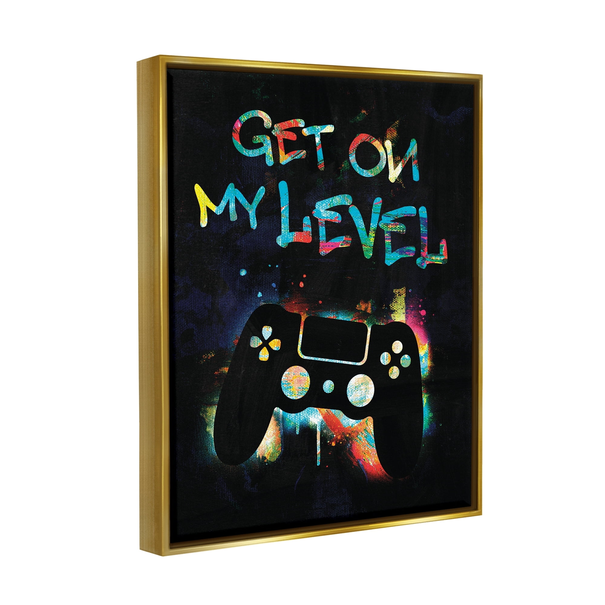 Stupell Industries Get On My Level Gaming Controller Neon Paint Splatter Graphic Art Metallic Gold Floating Framed Canvas Print Wall Art, Design by Victoria Barnes