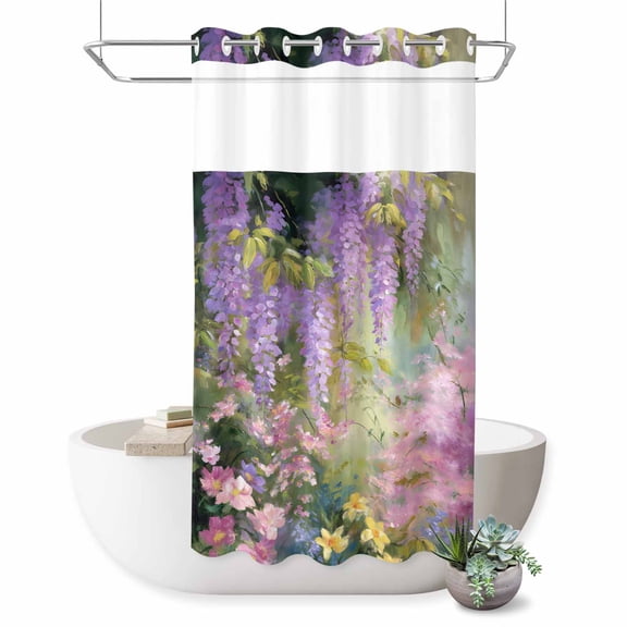 No Hook Shower Curtain, Spring Flower Shower Curtains for Bathroom with See Through Top Window, Garden Blossom Fantasy Floral Pastoral Oil Painting Waterproof Bath Curtain Small Stall 36"x78"