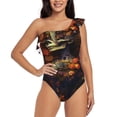 thumbnail image 2 of Picia Vintage Floral Skull Pattern Women's One Piece Swimsuits,One Shoulder Swimwear Asymmetric ,Ruffle Monokinis Bathing Suits,High Waisted Flattering Bathing Suits-X-Large, 2 of 8