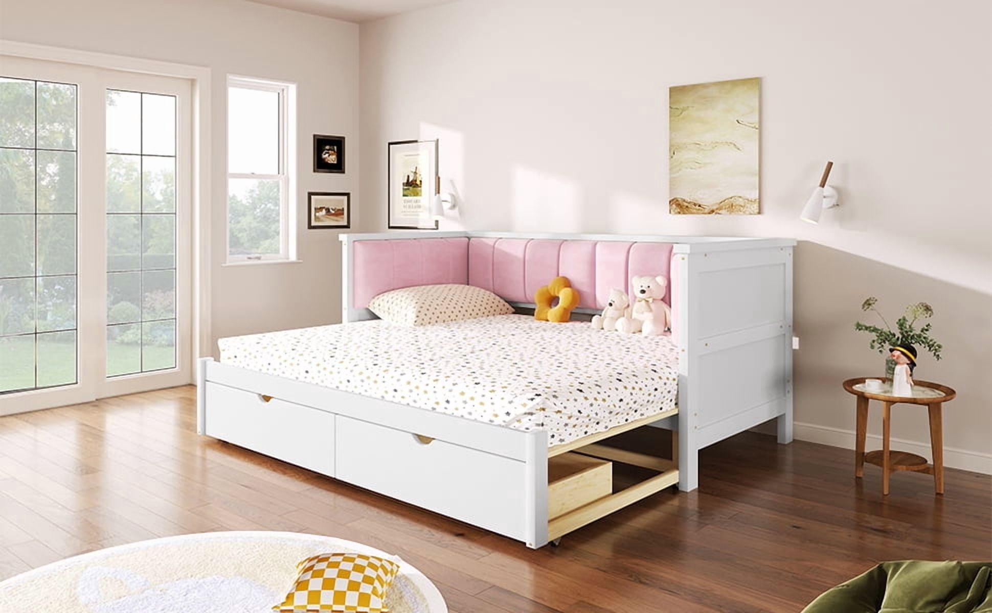 Mintazer Twin XL to King Daybed with Pink Upholstered Backrest & Storage Drawers, White