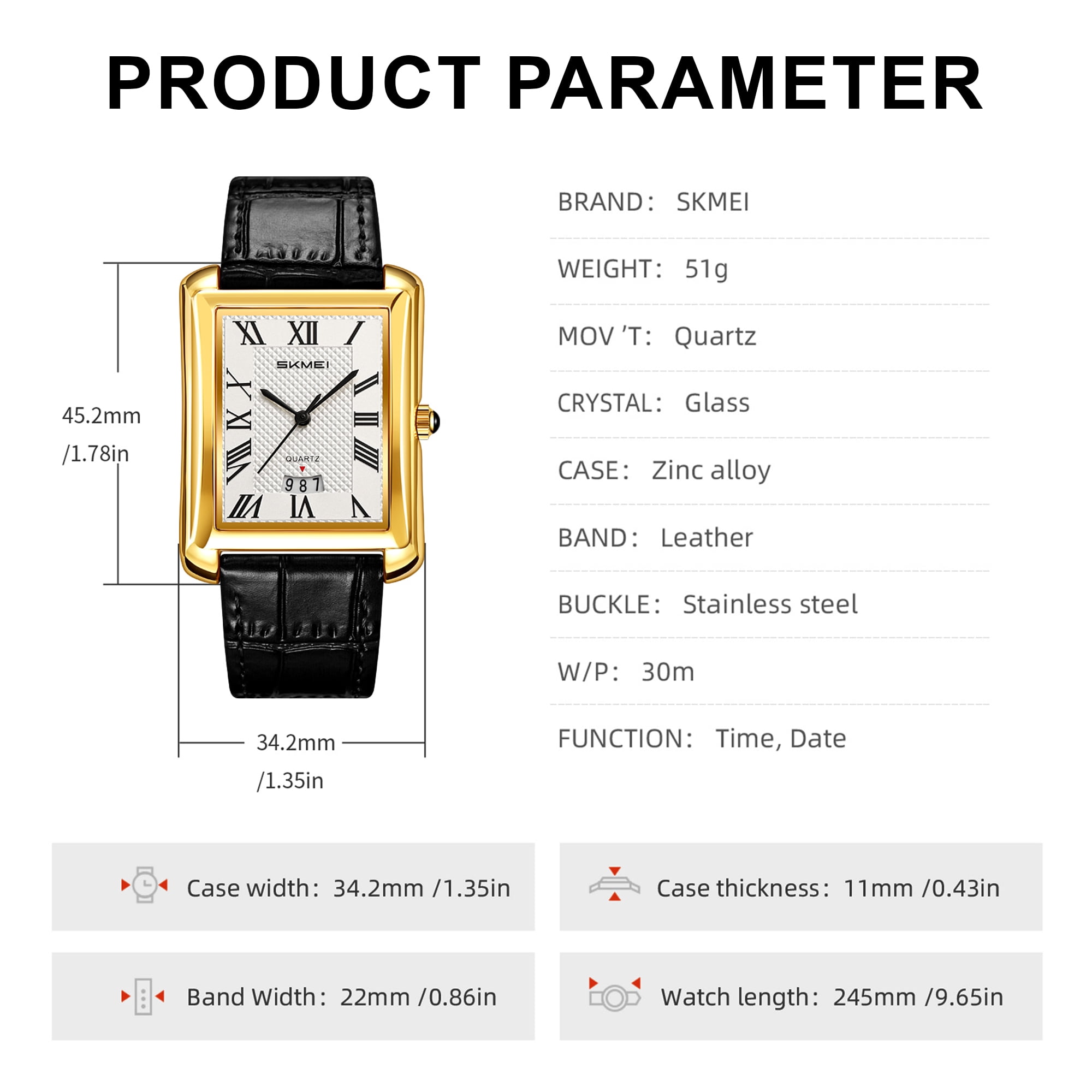 SKMEI Retro Classic Square Watches for Men Quartz Analog Waterproof Watch Leather Business Casual Mens Wrist Watch