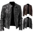 thumbnail image 3 of Autumn Winter Men Stand Collar Zipper Faux Leather Motorcycle Jacket Short Coat, 3 of 9