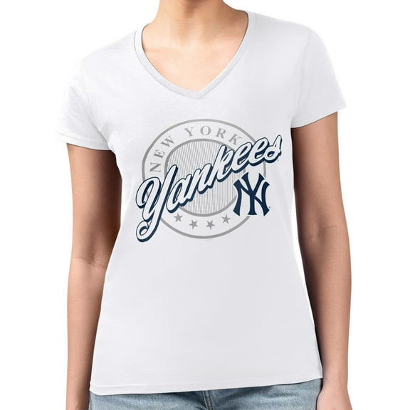 Women's G-III 4Her by Carl Banks  White New York Yankees Super-Slim Fit Lightweight Pinstripe Circle V-Neck T-Shirt
