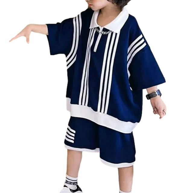 Jumpingount Traje de algodón a rayas para niños, deportivo, transpirable, colorido, de verano, holgado, lavable, Jersey de viaje, camisa, ropa conjuntos de ropa 160CM