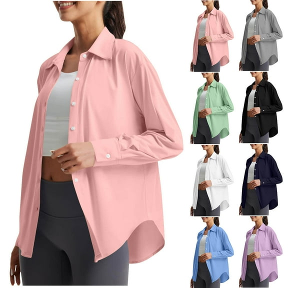 Hfnxid Womens Sun Protection Shirts Loose Fit Solid Long Sleeve Shirt Lightweight Breathable Button Down Blouse Summer Office Dress Top