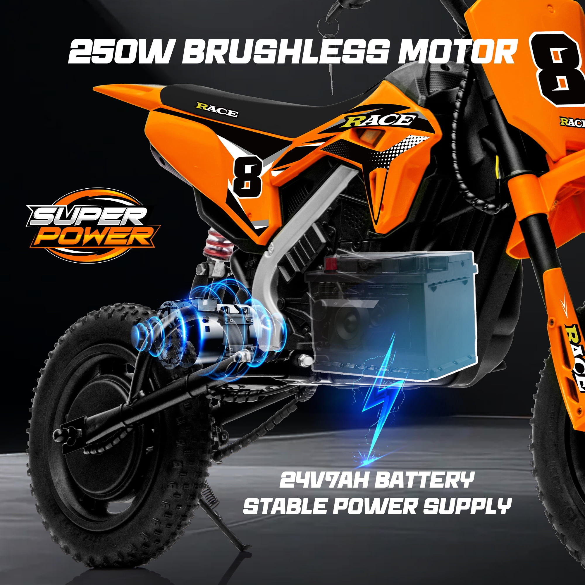 24V Kids Electric Dirt Bike - 250W Electric Motorcycle, 11 Mph Max Speed Electric Mini Dirt Bike with Music, 10 Miles Range, Twist Grip Throttle, Metal Suspension, Rubber Tire (Orange, with Cover)