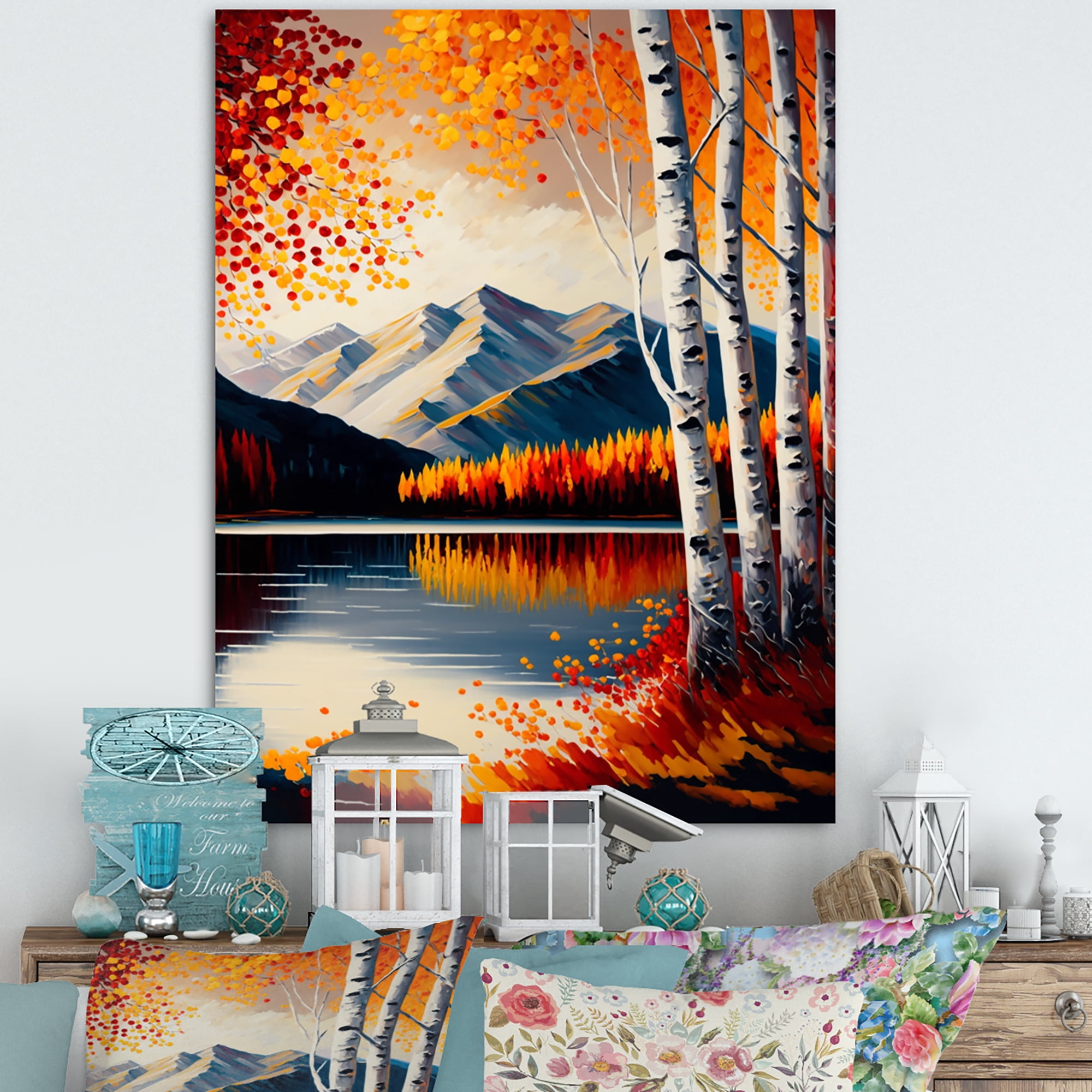 Designart Red And Orange Birch Trees By The Lake V Canvas Wall Art