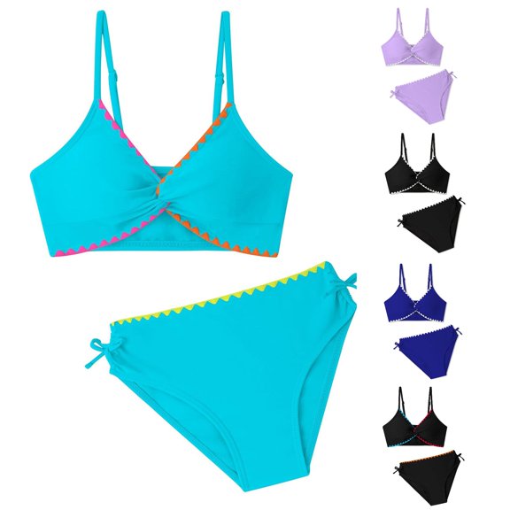 Yuhangmm Girls Bathing Suits, Swimsuits V Neck Cute Girls Bikini Swim Two Piece With Chest Pad Girls Bathing Suits Size 8 Sky Blue 11-12 Years