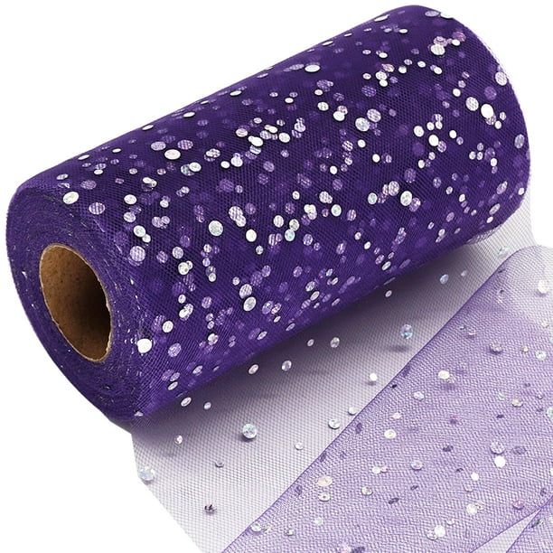 Rollos de tela de tul con purpurina, 6 pulgadas, 50 yardas (150 pies), cinta brillante, carrete de malla con lunares y lentejuelas, color morado