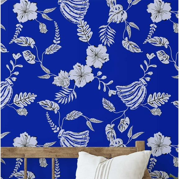 S4Sassy Midnight Hibiscus Wallpaper - Blue Wall Covering, 25" x 120" Self-Adhesive Textured Vinyl Walls Paper, Decorative Wall Wrap, Easy DIY Walls Covering For Bedroom, Living Room, Living Space