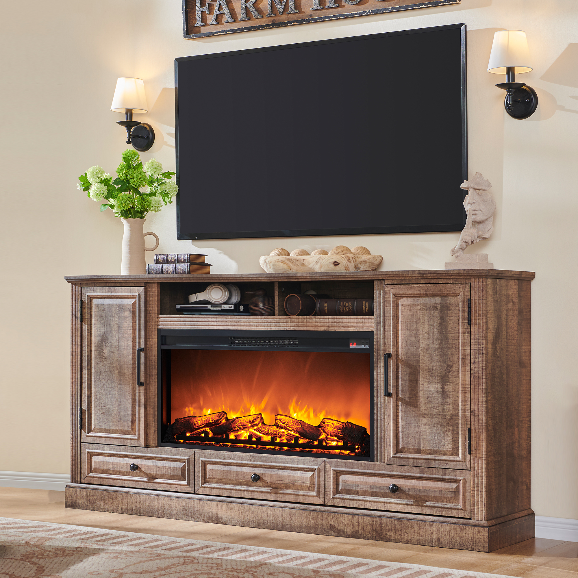 T4TREAM Farmhouse 70" Fireplace TV Stand for TVs up to 80", Entertainment Center W/36" Electric Fireplace Highboy Media Console with Large Storage Cabinets and Drawers for Living Room, Light Brown
