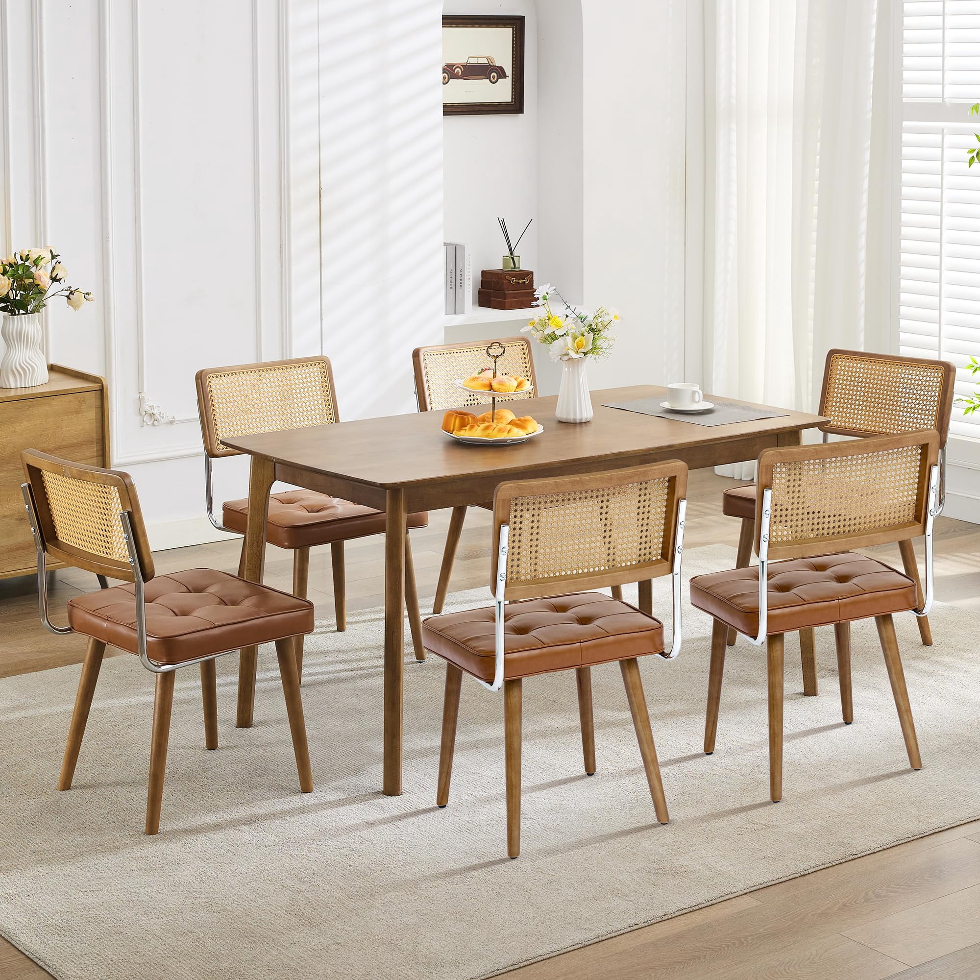 COZONY 4 PCS Modern Upholstered Dining Chairs Set , with Natural Rattan Back, Soft Padded Seat, Sturdy Wood Legs for Dining Room,Brown