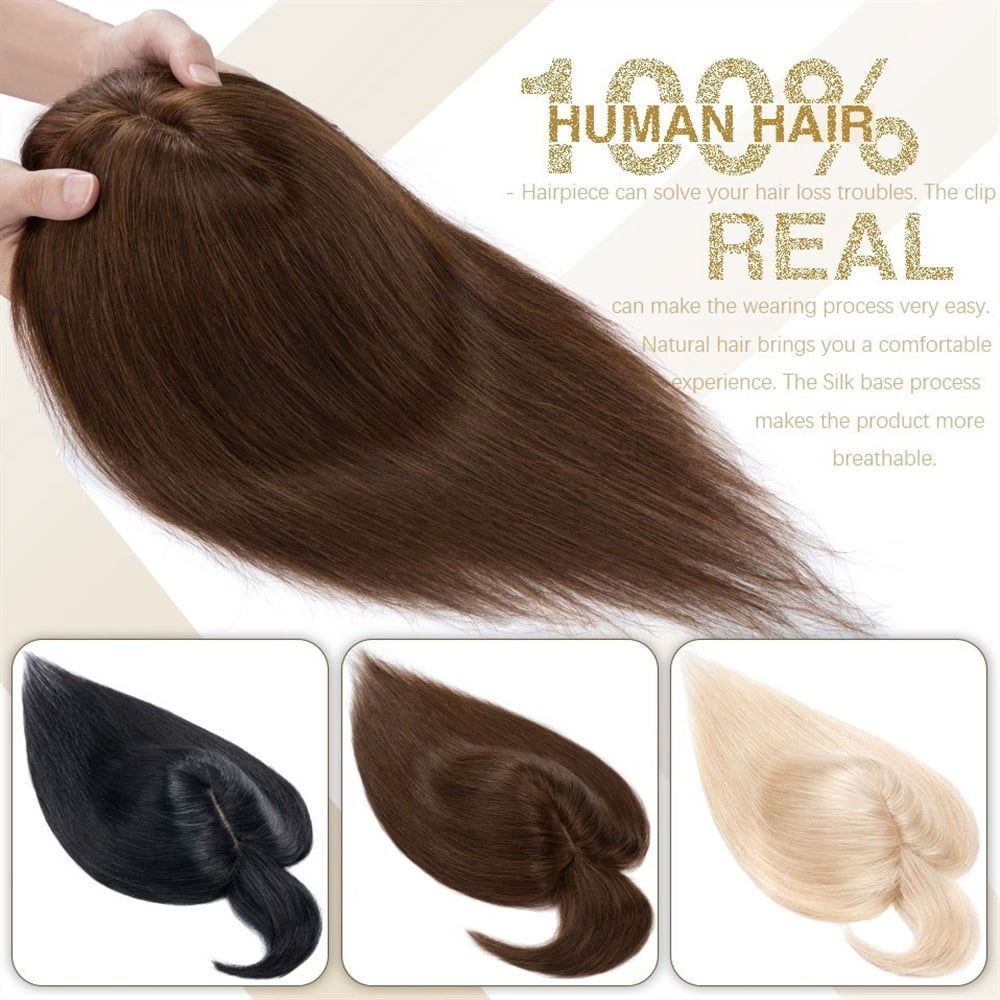 Hair Toppers for Women 6"-18" Real Human Hair with Bangs, 7x12.5cm Silk Base Clip In Hair Extension 150% Densiny Indian Hair Straight Hair Pieces