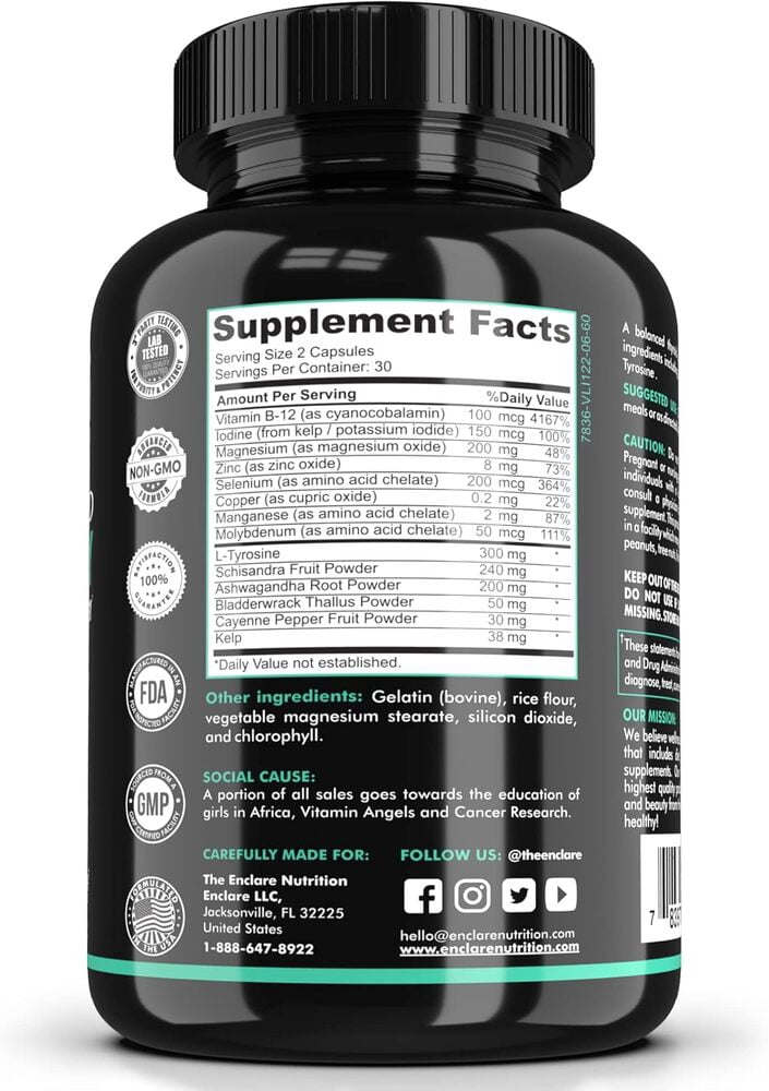 The Enclare Nutrition Harmony Thyroid Support Supplement with Iodine and Vitamin B12, Ashwagandha, Hormone Balance Thyroid Capsules for Women and Men, 60 Ct