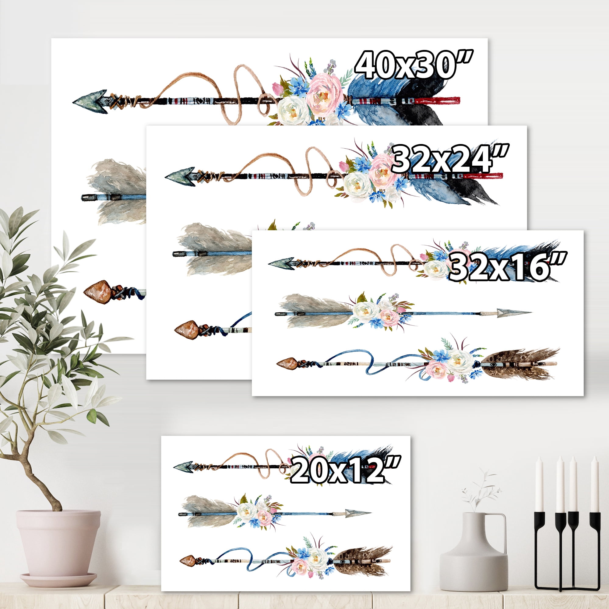 Designart ' Flowers and Ethnic Feathers On Native Arrows I ' Bohemian & Eclectic Canvas Wall Art Print