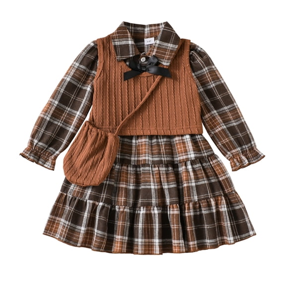 Kids Girls Clothes Little Girls Fall Dress 6Y Girls Long Sleeve Dress 7Y Girls Plaid Dress with Vest Cute Bag Brown