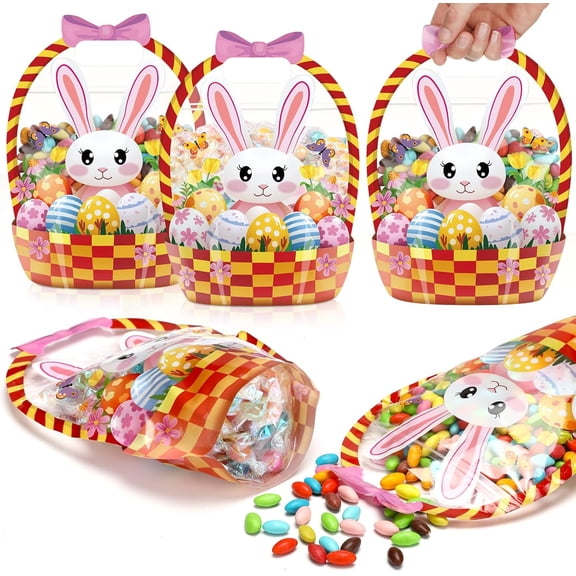 Natonhi 12pcs Easter Candy Gift Bags Bunny Sealing Clear Pouches with Handles Resealable Happy Easter Plastic Favor Bags for Spring Holiday Party Candy Gift Wrapping Supplies Decoration