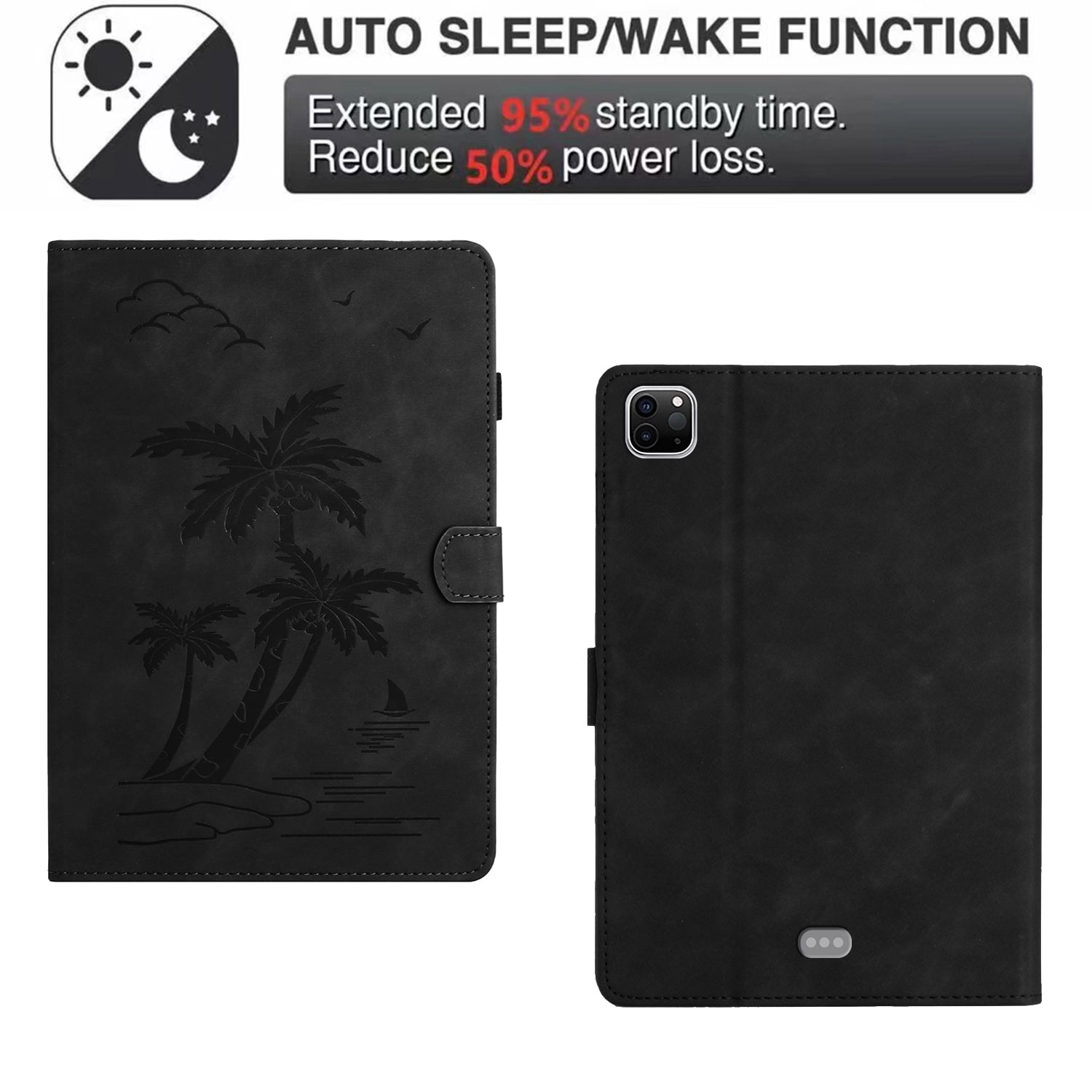 Allytechgroup iPad Air 11 Case 2024, Embossed Coconut Tree Pattern Cover, Auto Sleep Wake Function with Flip Cover Stand and Pencil Holder Case for Apple iPad Air 11 Inch 2024 Tablet,Black