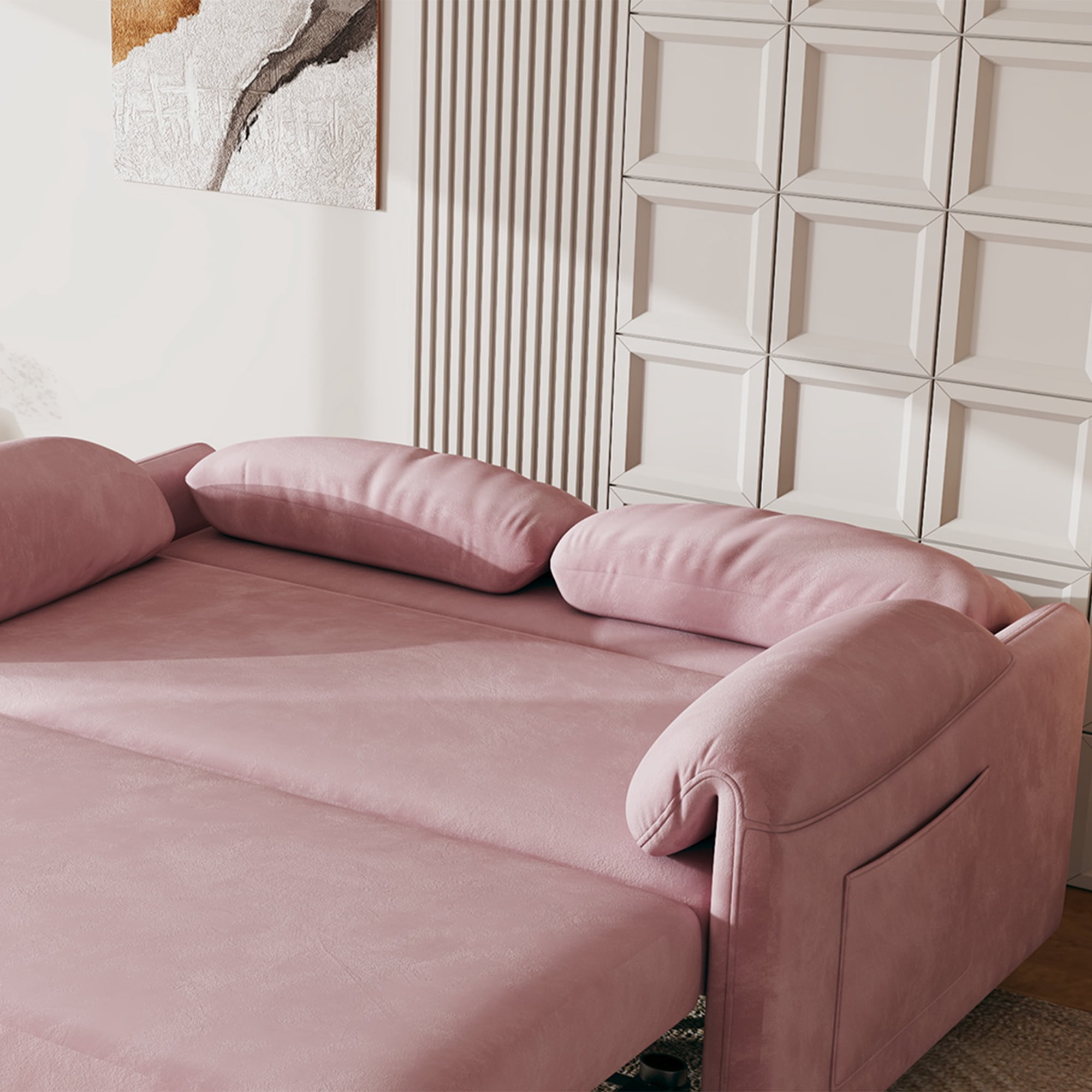 Convertible 54-Inch Velvet Sofa Bed with Retractable Bed Feature, Pink Couch for Small Living Spaces and Multi-Purpose Rooms