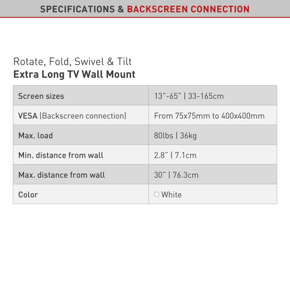 Barkan Long White TV Wall Mount, 13 - 65 inch Full Motion Patented Premium Flat / Curved Screen Bracket, Holds up to 80lbs, Extremely Extendable, Fits LED OLED LCD