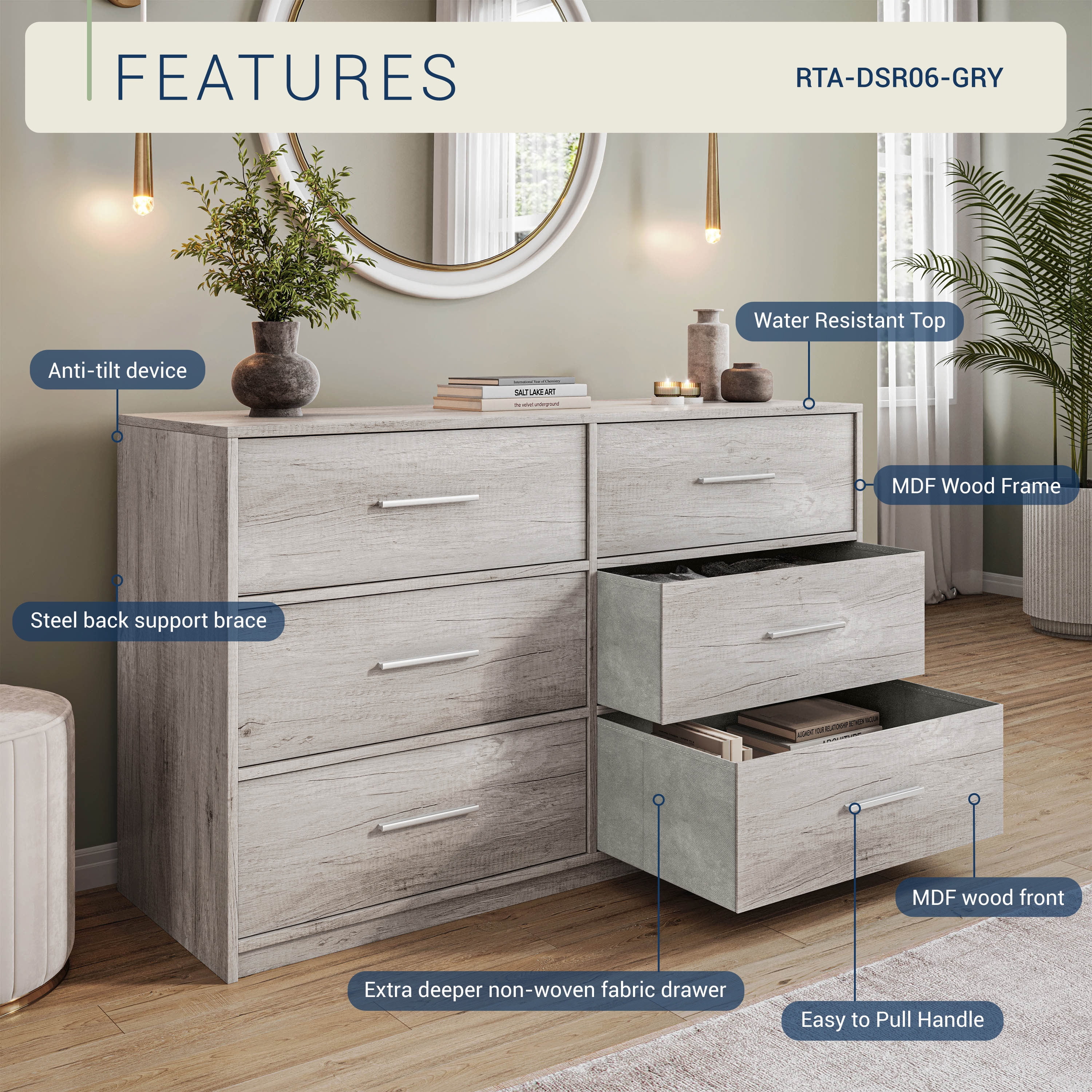 6-Drawer Dresser with Extra Large Fabric Bins, Wood Frame Storage Organizer for Bedroom, Living Room, or Hallway, Versatile Design Doubles as a TV Stand, Ideal for Home Organization, Grey