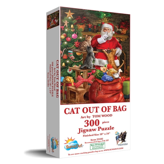 SUNSOUT INC - Cat out of the Bag - 300 pc Jigsaw Puzzle by Artist: Tom Wood - Finished Size 18" x 24" Christmas - MPN# 23102