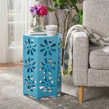 Noble House Daxton Indoor 14 inch Floral Iron Side Table, Matte Blue