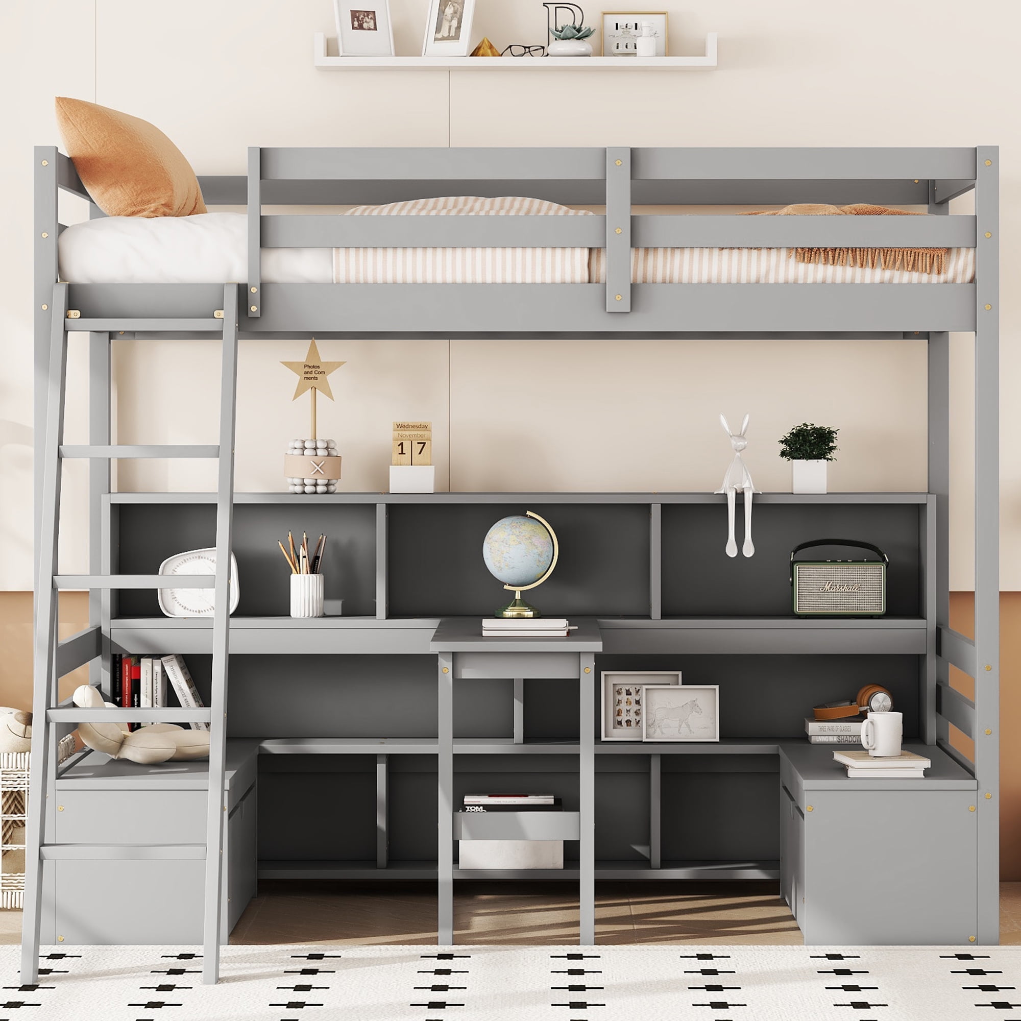 Euroco Modern Wood Twin Size Loft Bed with Desk and Drawers, Storage Shelves and Seat Design for Kids Teens, Grey