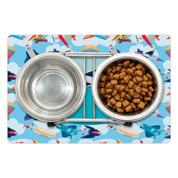 Party Pet Mat for Food and Water, Airplane Group with Different Vessels Commercial Airline Design Balloon Cartoon, Non-Slip Rubber Mat for Dogs and Cats, 18" X 12", by Ambesonne