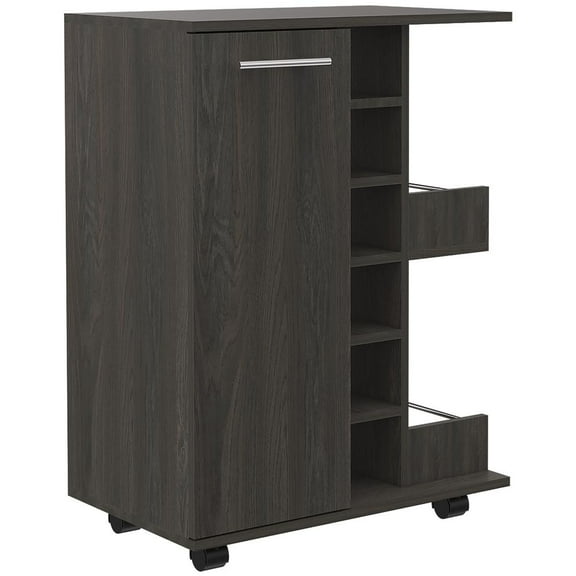 Depot E-Shop Magda 32-inch Tall Bar Cart with Cabinet, 2 Interior Shelves, 2 Open Shelves, and 6 Wine Cubbies, Dark Brown