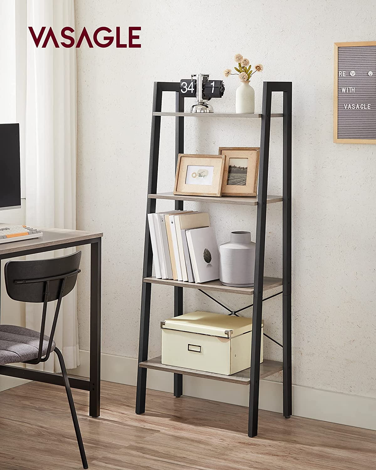 4-Tier Ladder Shelf Ladder Bookshelf Bookcase Storage Rack with Steel Frame Greige and Black