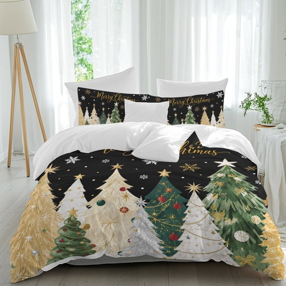 Duvet Cover Twin Size 3 Piece Bedding Set, Merry Christmas Tree Stars Cartoon Style Soft Breathable Comforter Cover with 2 Pillow Shams, Winter Snowflake Luxury Duvet Covers with Zipper Closure