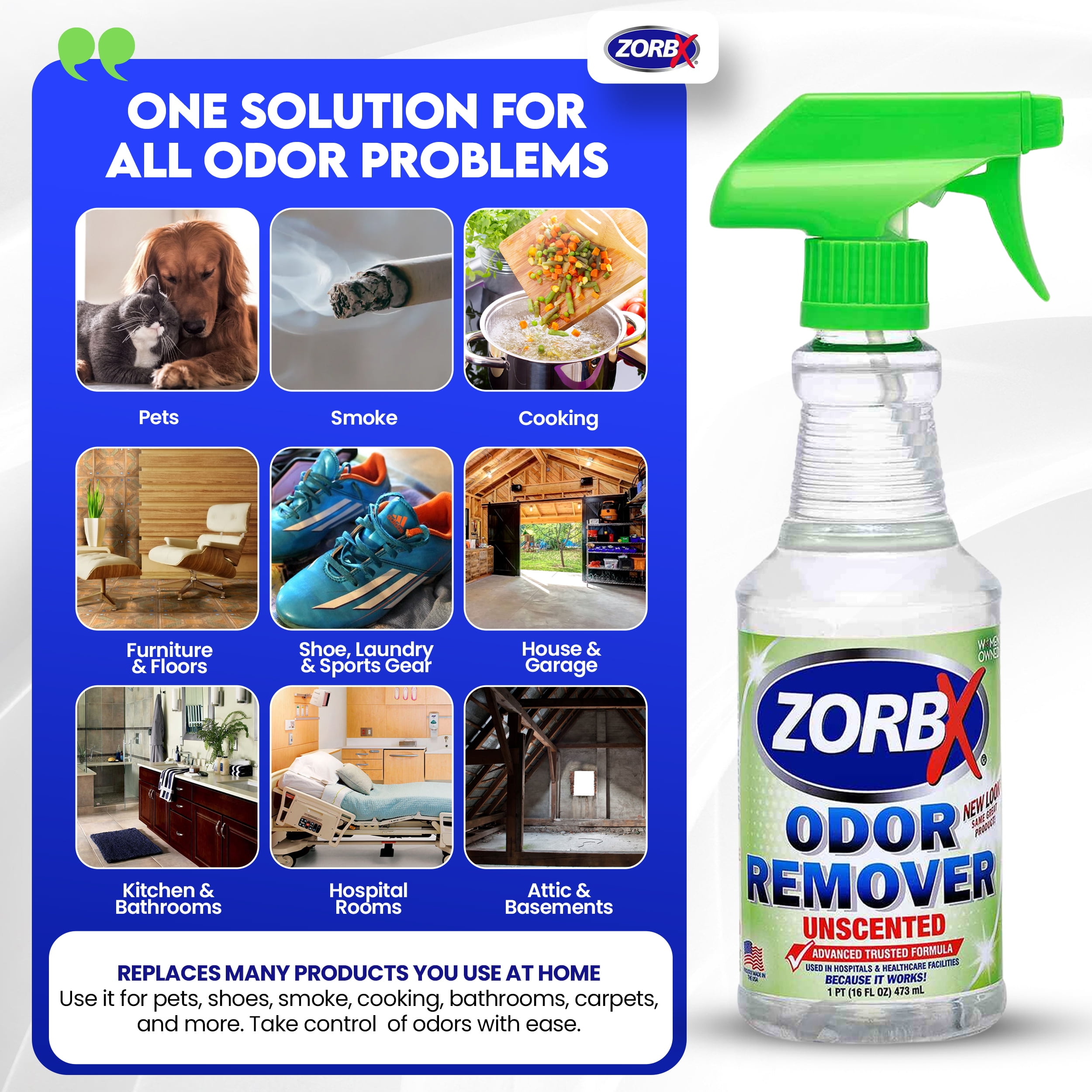 ZORBX Unscented Odor Eliminator Spray for Hospitals & Healthcare – Dog, Cat, Car & Carpet Deodorizer (16oz - Pack of 2)