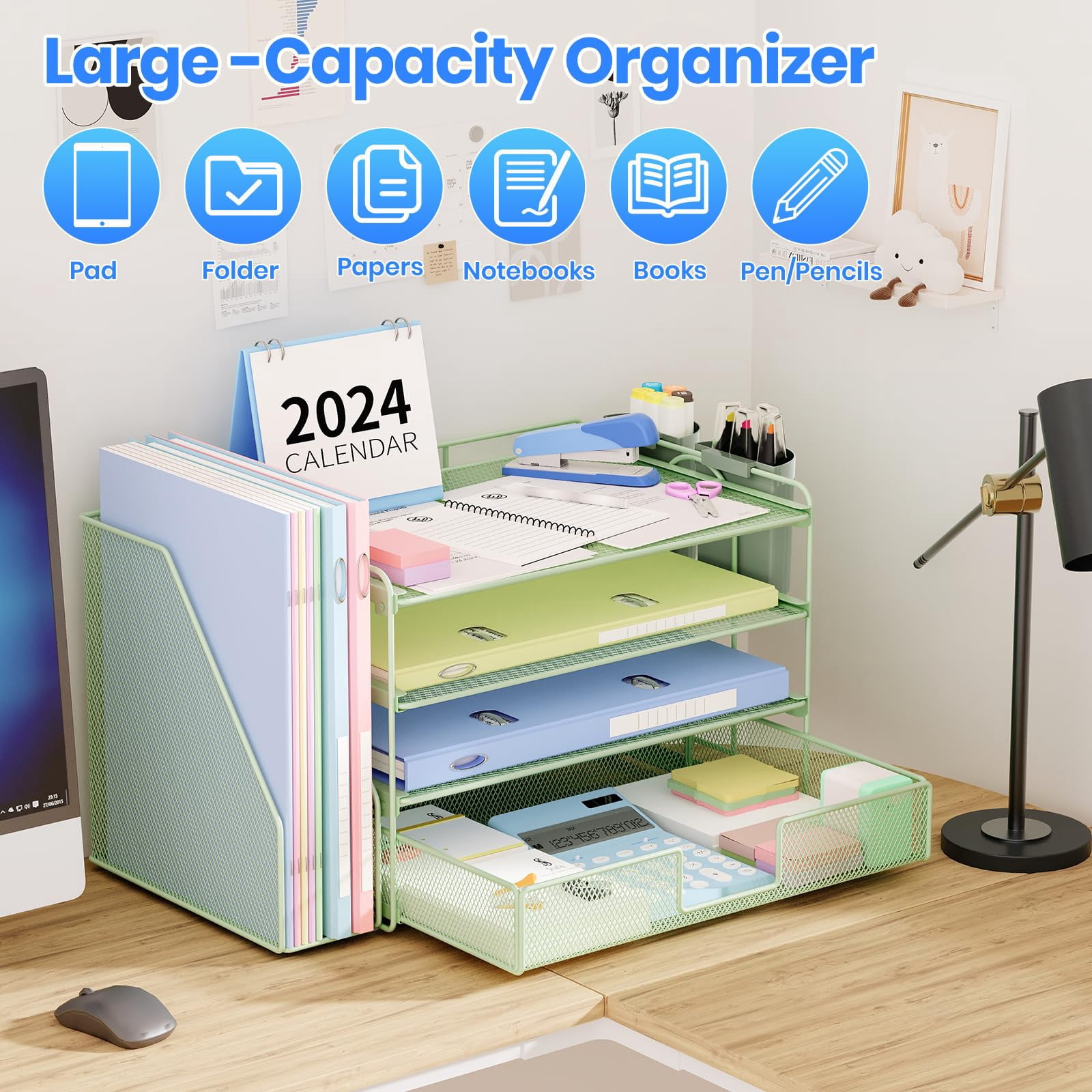 Desk Organizer  4-tier Desktop File With Drawer And 2 Pen Holders Office Accessories Sorters Workspace Organizers For Supplies(green)