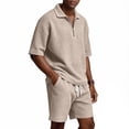 thumbnail image 3 of JAJAHO Mens Short Set Summer 2 Piece Outfits Waffle Short Sleeve Quarter Zip Collared Loose Fit T Shirt Comfortable Drawstring Shorts Jogging Suit Versatile Outfit, 3 of 9