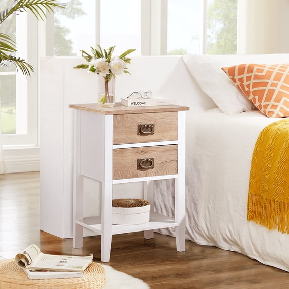 VECELO Nightstand with 2-Drawer and Open Shelf, Side End Table for Bedroom, Living Room, Oak