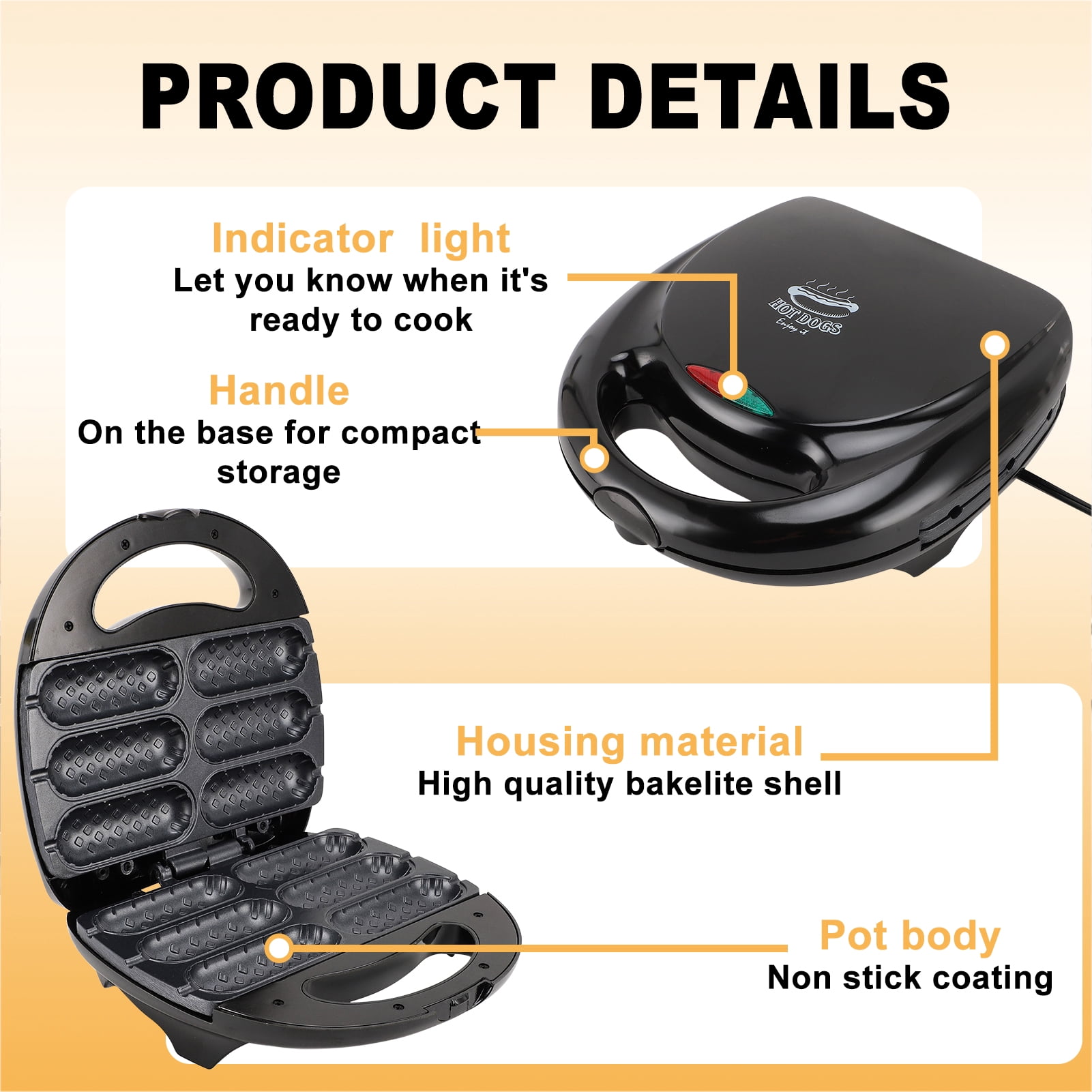 Corn Dog Waffle Maker,850W Hot Dog Waffle Machine with Non-stick Coating Plate, 6 Corn Dogs Maker Toaster ,Black