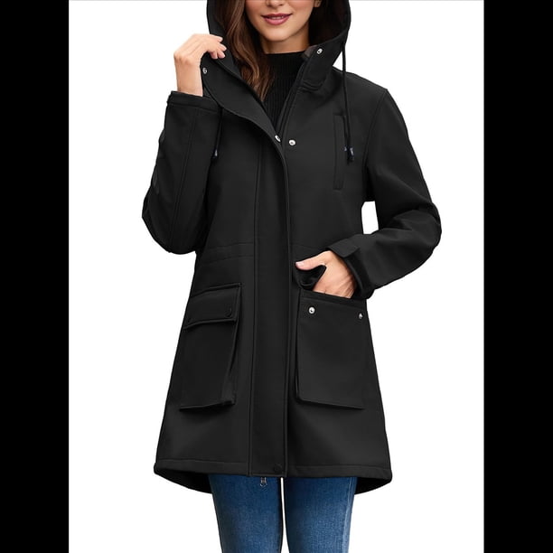 Chaquetas Softshell Impermeables para Mujer, Abrigos Cálidos con Forro y Capucha, Chaqueta Impermeable Larga. Negro S