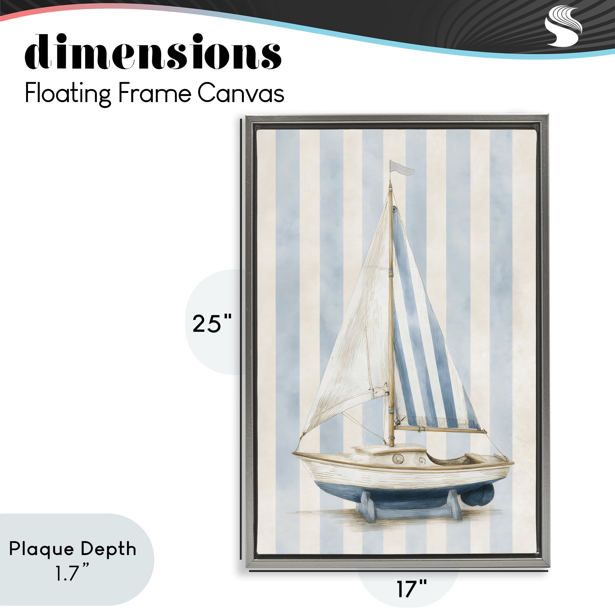 Stupell Industries Seaside Stripes Sailboat Gray Framed Floater Canvas Wall Art, design by Petal Prints Design