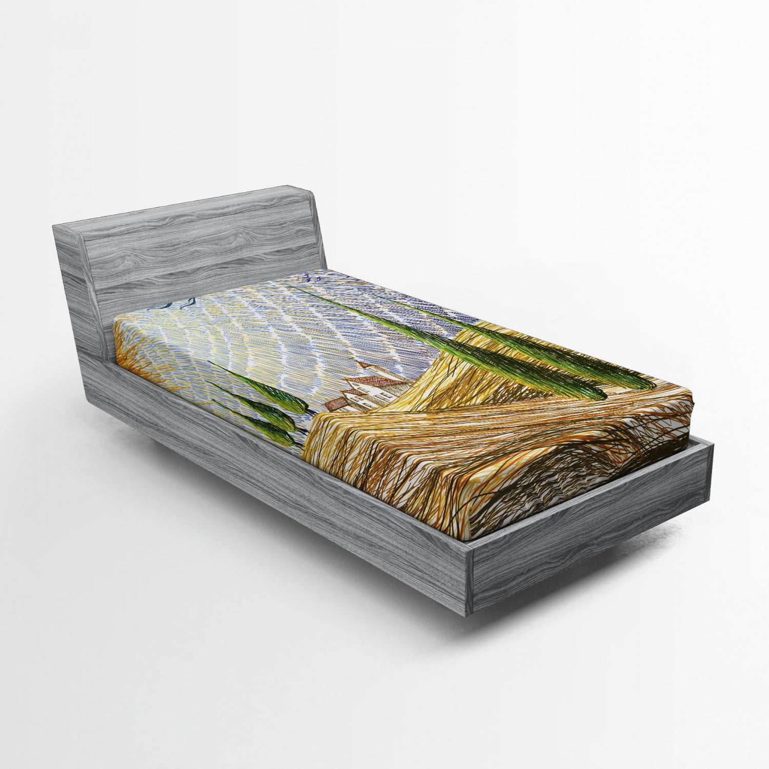 Italian Fitted Sheet, Van Gogh Style Italian Valley Rural Fields with European Scenery Painting
