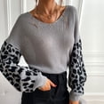 thumbnail image 2 of Suéter de manga de leopardo para mujer, jersey informal holgado con cuello en V, Top de punto con costura de leopardo, suéter de manga larga con farol, 2 of 6