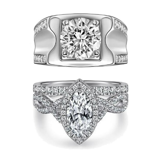 Couples Wedding Ring Sets His And Hers Marquise Diamond Moissanite Sterling Silver Wedding Bands