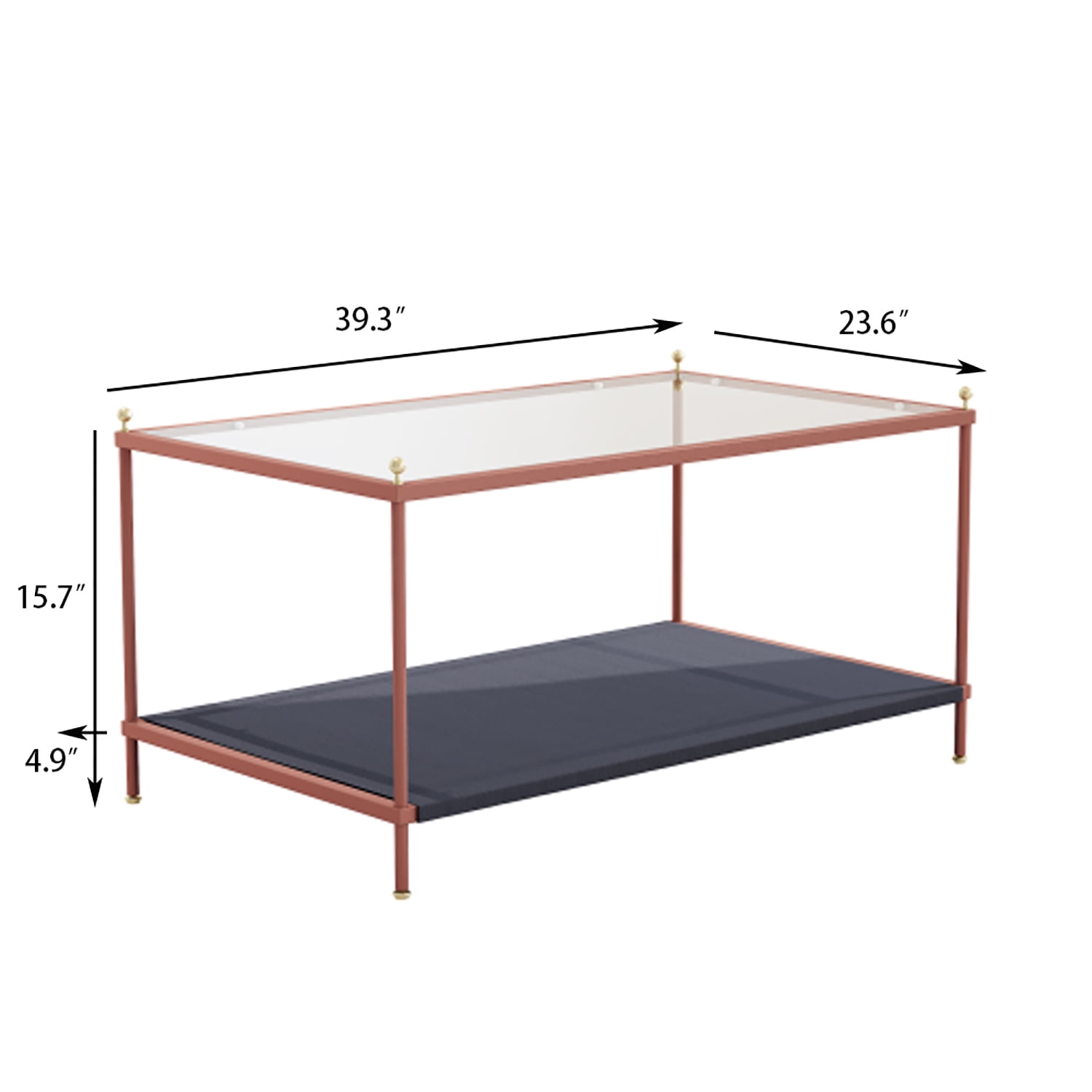 Kadyn Modern Rectangular Coffee Table, Glass Coffee Table for Living Room, Carbon Steel 2-Tier Tea Table & Pet Sharing Table （Provide pet mat）, Rose Gold
