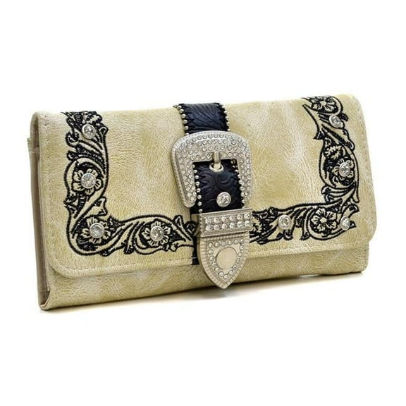 Ritz WB07-BG 7.5 x 4.5 in. Trifold Rhinestone Studded Buckle Wallet, Beige