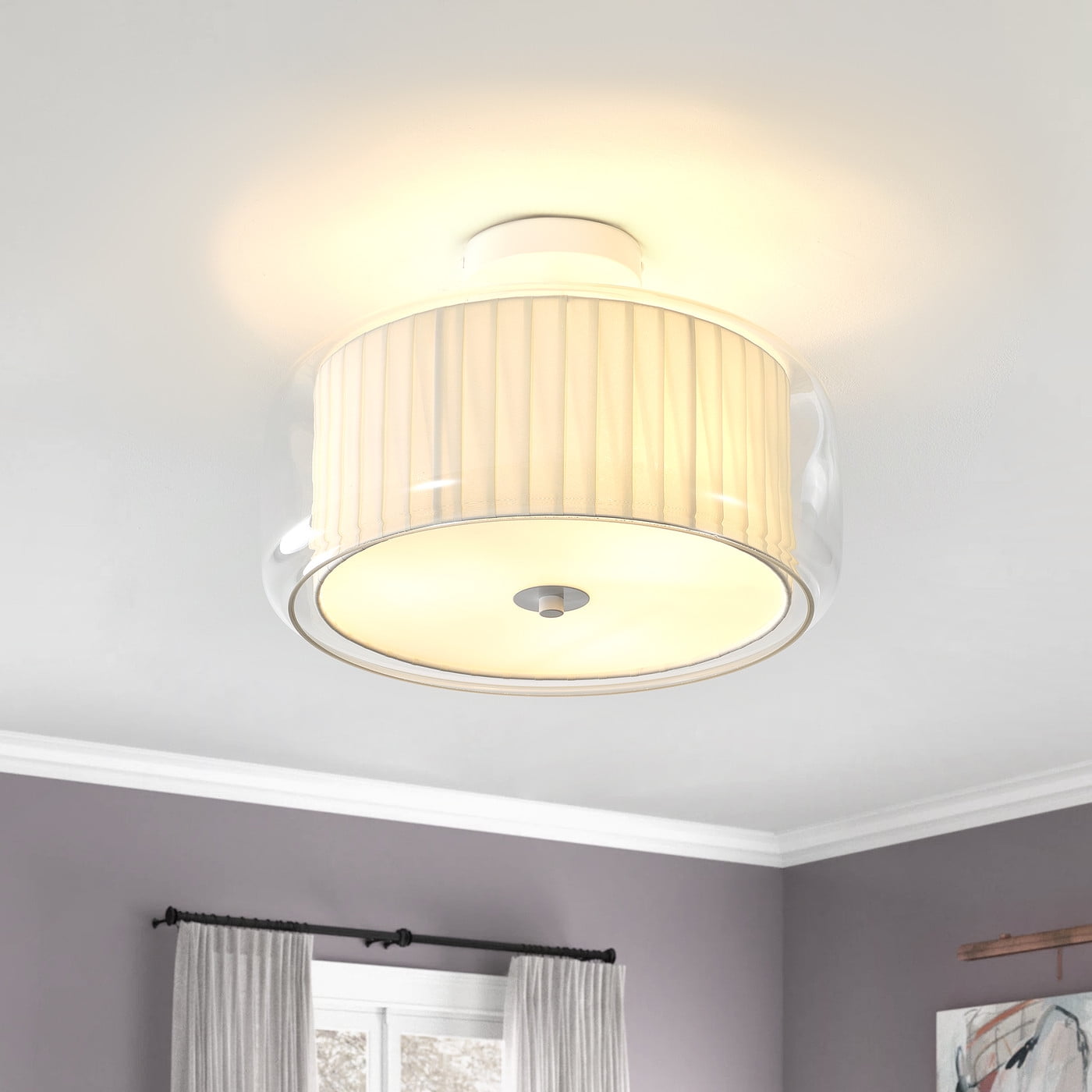 Aiwen Semi Flush Mount Ceiling Light Modern Lighting Off-White Rustic Drum Shape Ceiling Lighting with Clear Glass and Fabric Shade