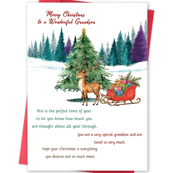 Merry Christmas Card for Grandson – Beautiful Rainforest Design with Reindeer and Gifts – Blank Inside for Personal Messages – Perfect Holiday Greeting Card for Your Special Grandson