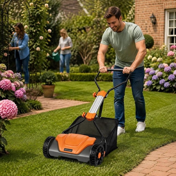 Push Reel Lawn Mower, 16 Inch 5-Blade, 6-Level Height Adjustment, 8-Gallon Removable Grass Catcher